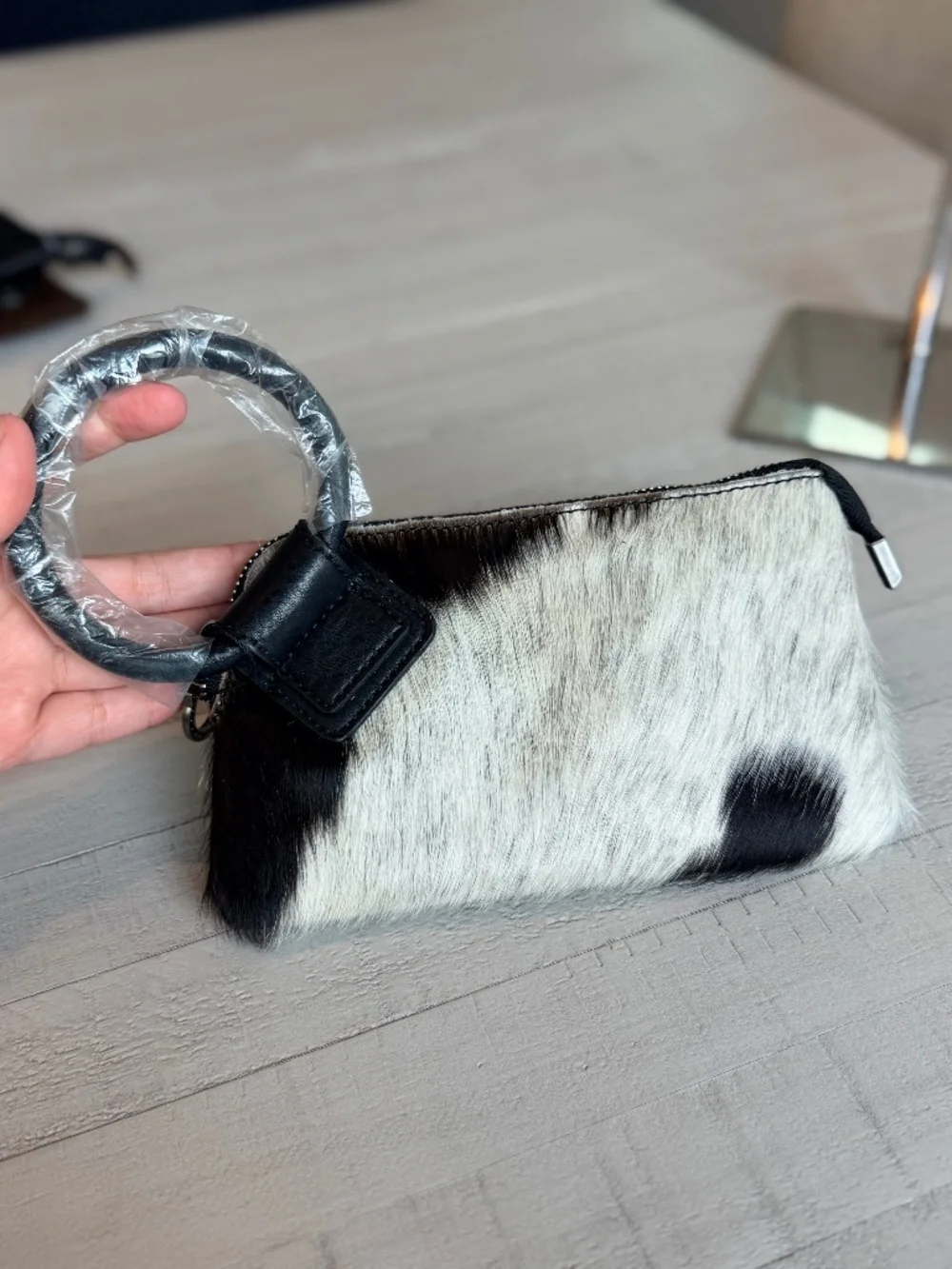 Montana West Genuine Hair-On Cowhide Ring Handle Wristlet Clutch Bag